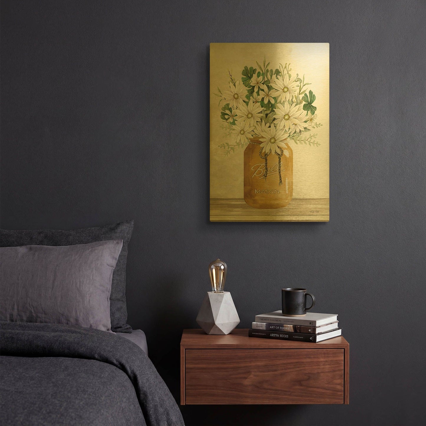 'Gold Jar with White Flowers' By Cindy Jacobs Gold Metal Wall Art