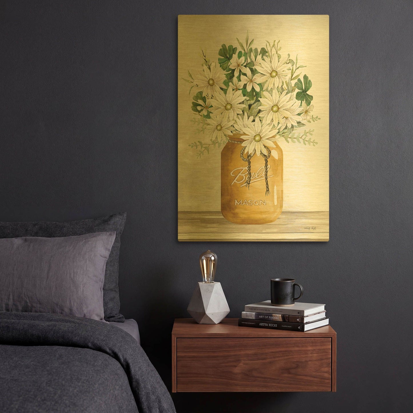 'Gold Jar with White Flowers' By Cindy Jacobs Gold Metal Wall Art