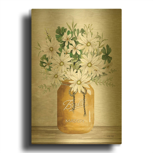 'Gold Jar with White Flowers' By Cindy Jacobs Gold Metal Wall Art