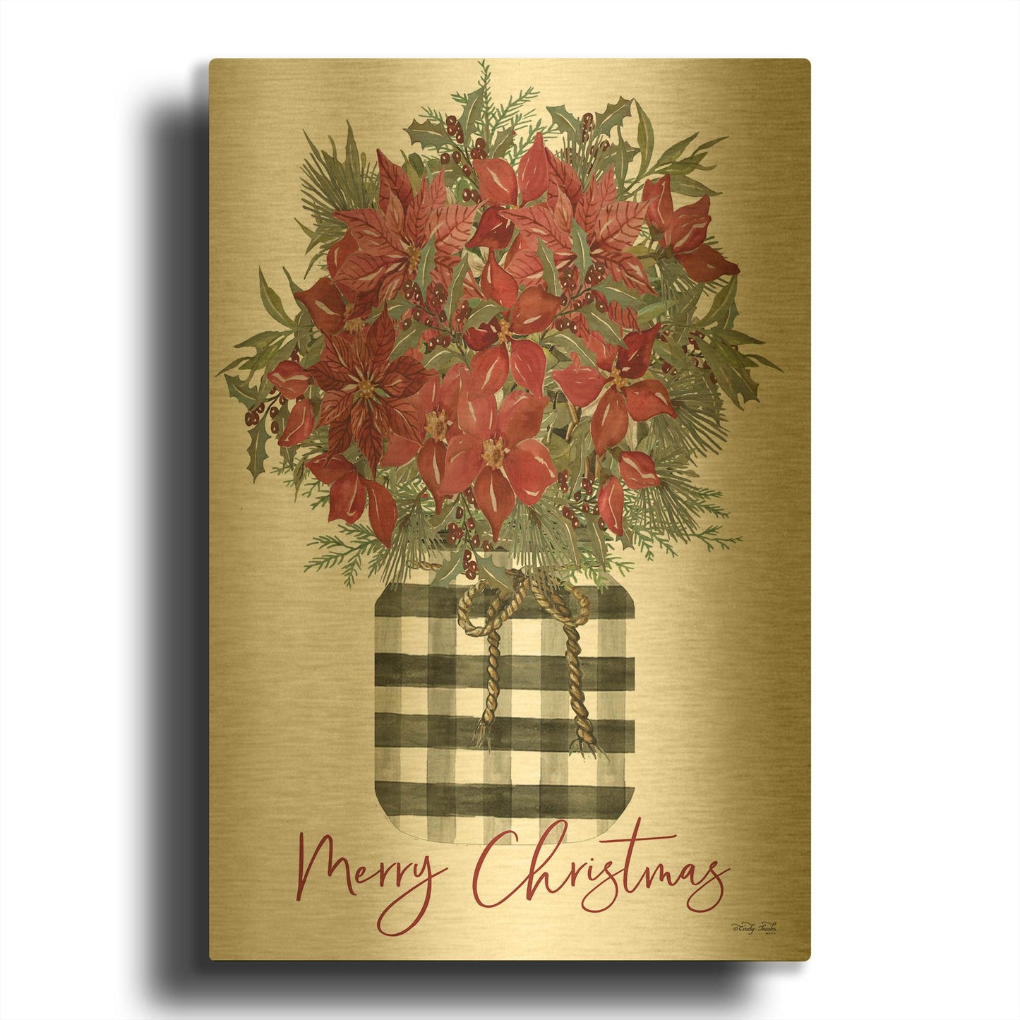 'Merry Christmas Poinsettia' By Cindy Jacobs Gold Metal Wall Art