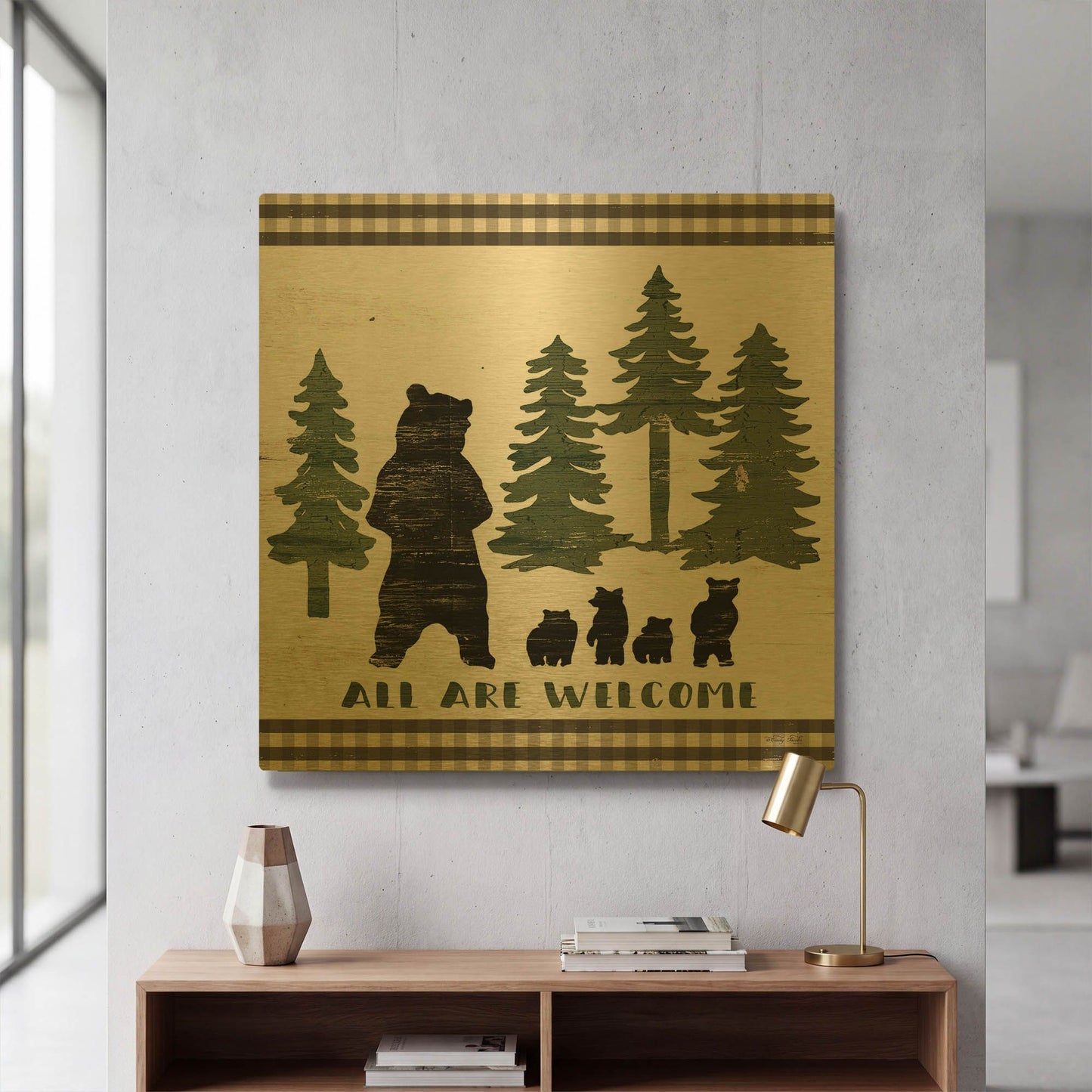 'All Are Welcome Lodge' By Cindy Jacobs Gold Metal Wall Art