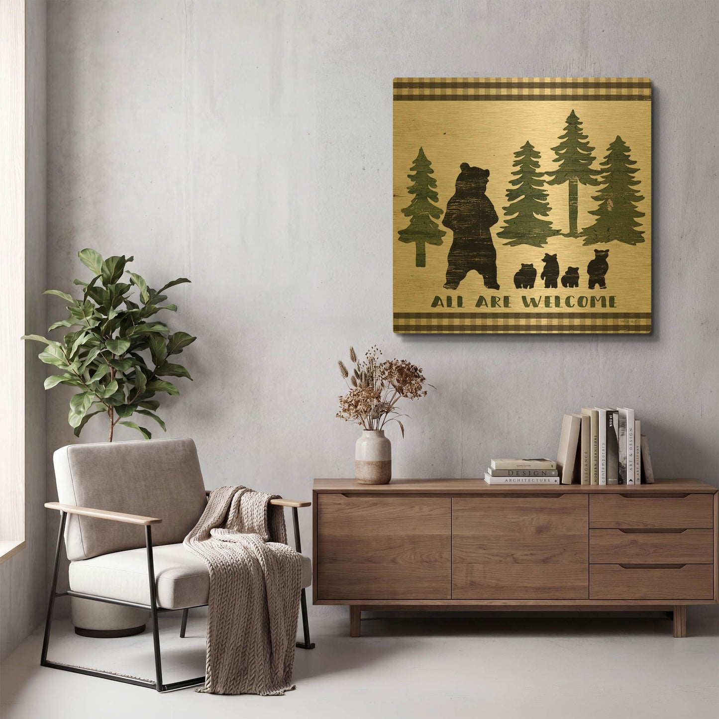 'All Are Welcome Lodge' By Cindy Jacobs Gold Metal Wall Art