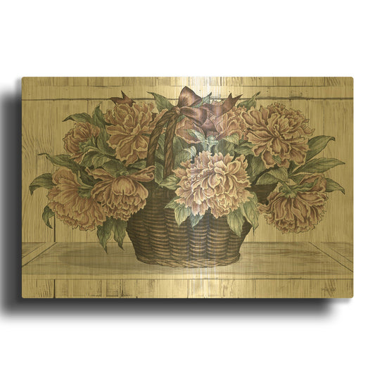 'Basket of Peonies' By Cindy Jacobs Gold Metal Wall Art