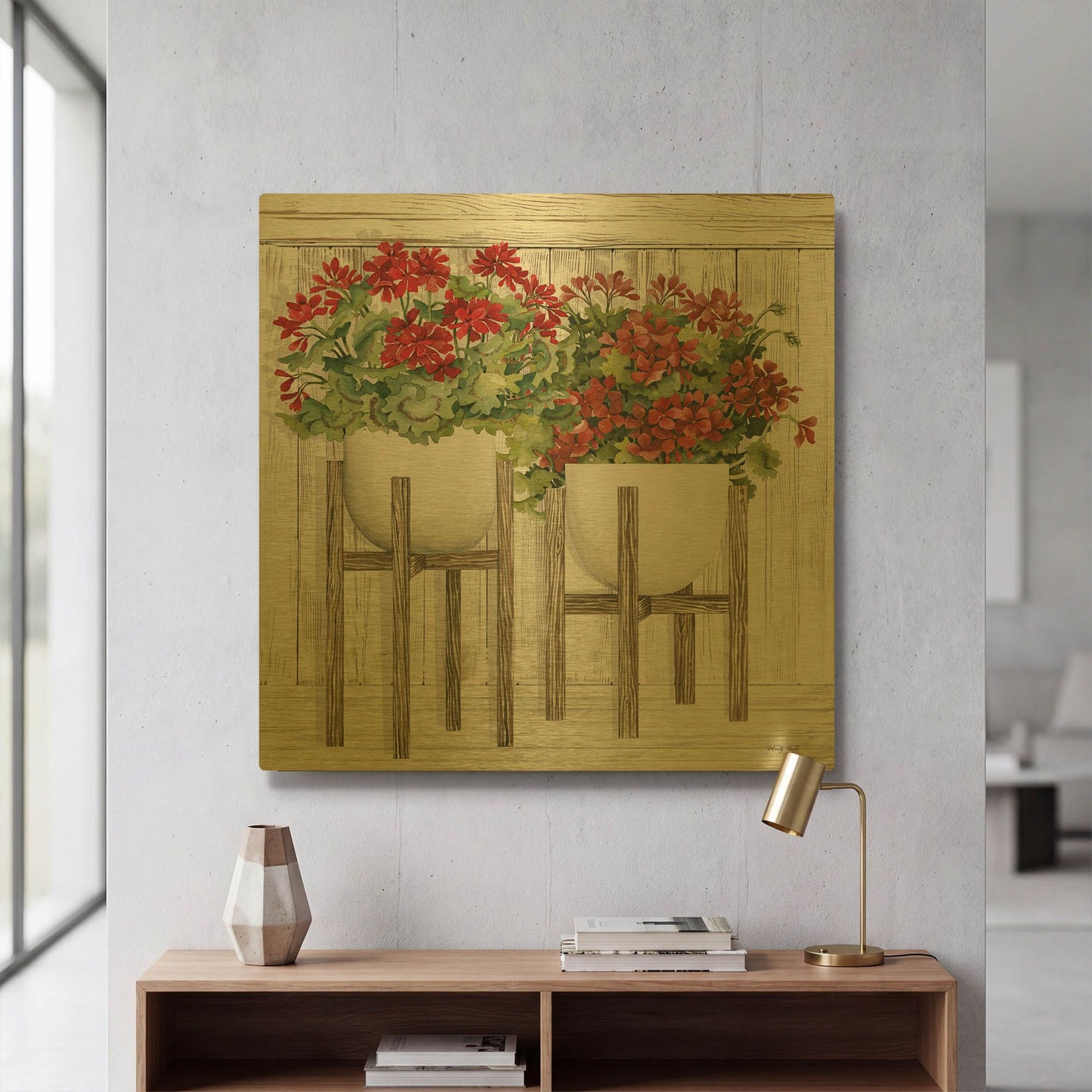'Red Geraniums' By Cindy Jacobs Gold Metal Wall Art