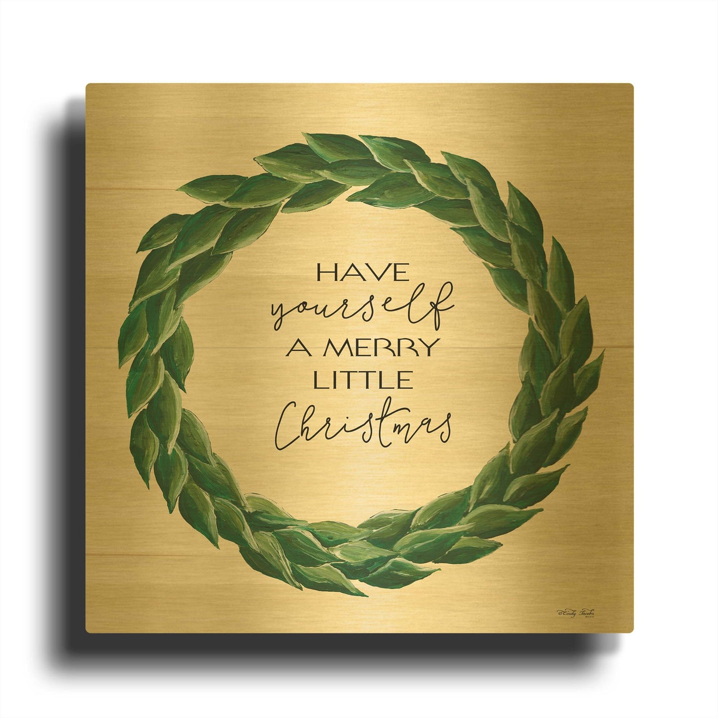 'Merry Little Christmas Wreath' By Cindy Jacobs Gold Metal Wall Art