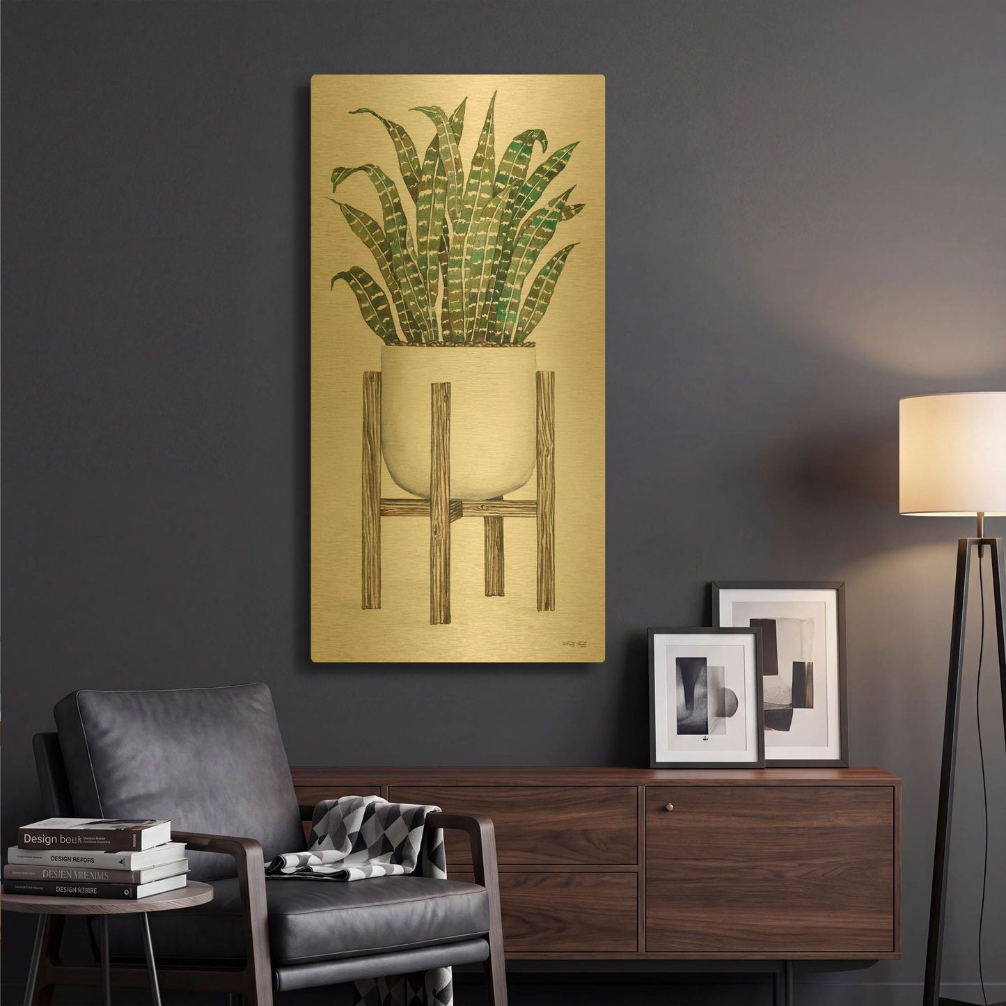'White Pots on Stands III' By Cindy Jacobs Gold Metal Wall Art