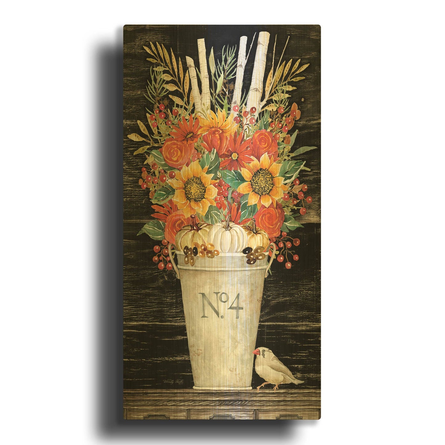 'No. 4 Fall Flowers and Birch 2' By Cindy Jacobs Gold Metal Wall Art