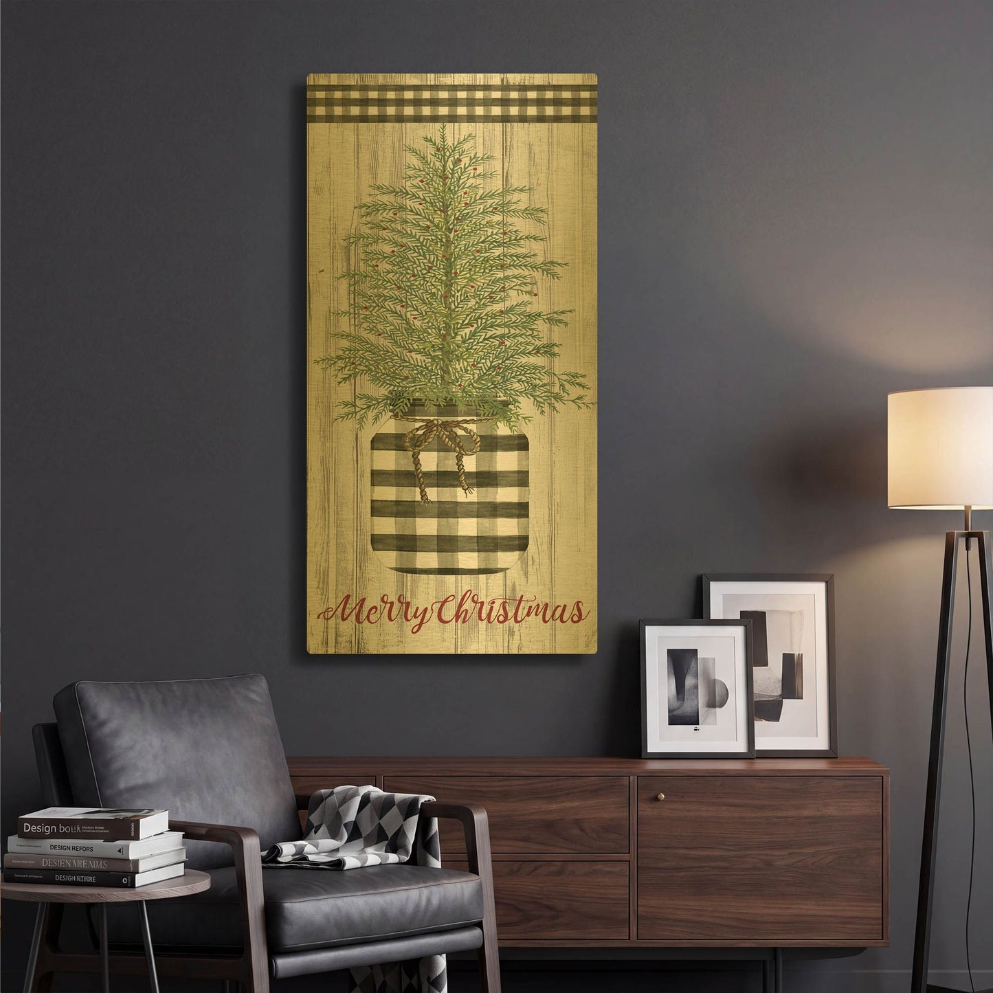 'Merry Christmas Buffalo Plaid Jar & Tree' By Cindy Jacobs Gold Metal Wall Art