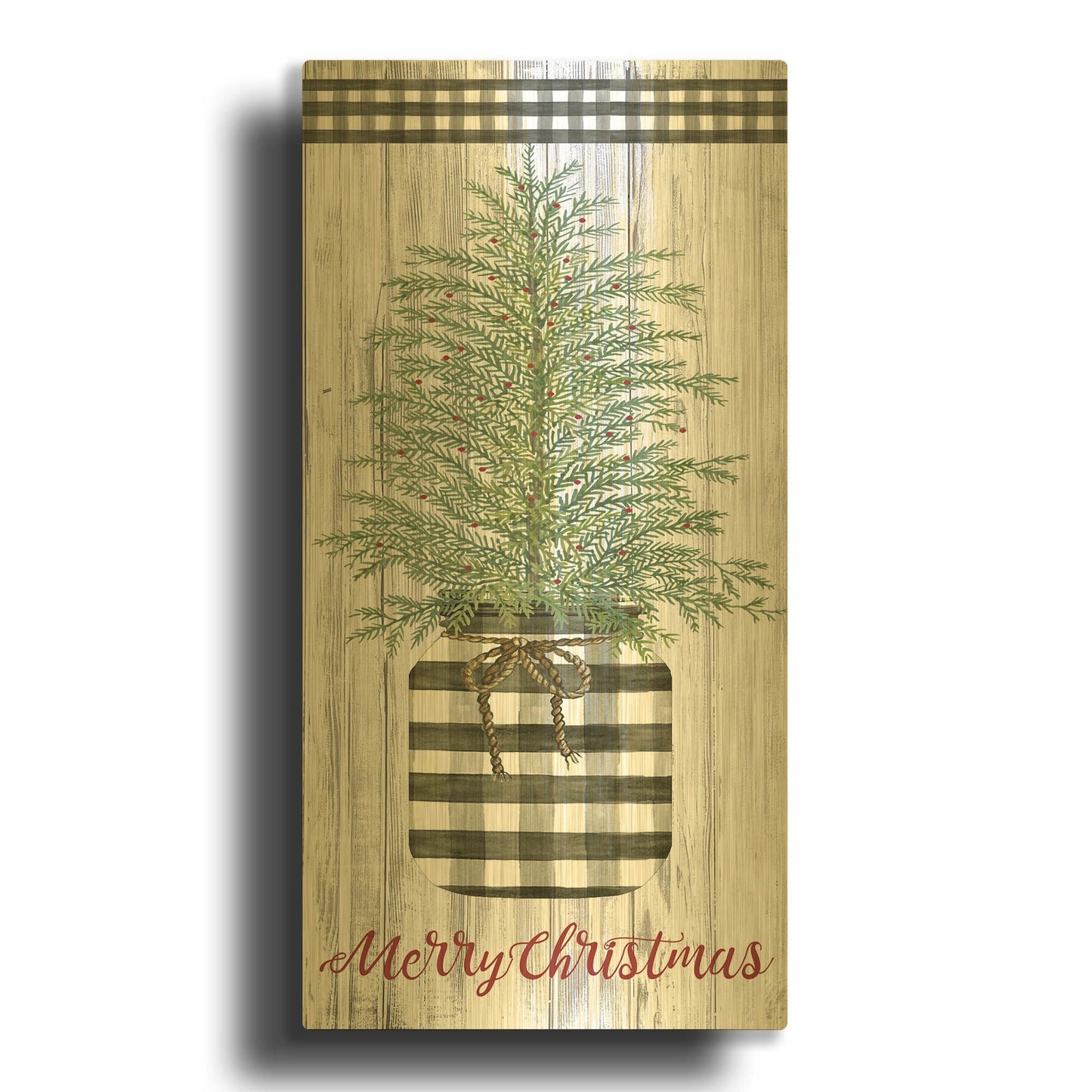 'Merry Christmas Buffalo Plaid Jar & Tree' By Cindy Jacobs Gold Metal Wall Art