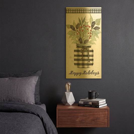 'Happy Holidays Gingham Jar' By Cindy Jacobs Gold Metal Wall Art