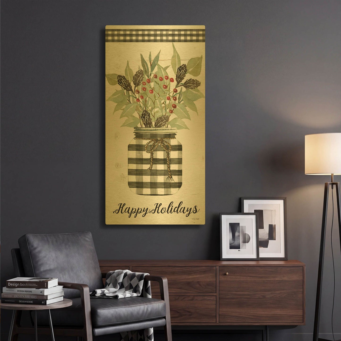 'Happy Holidays Gingham Jar' By Cindy Jacobs Gold Metal Wall Art