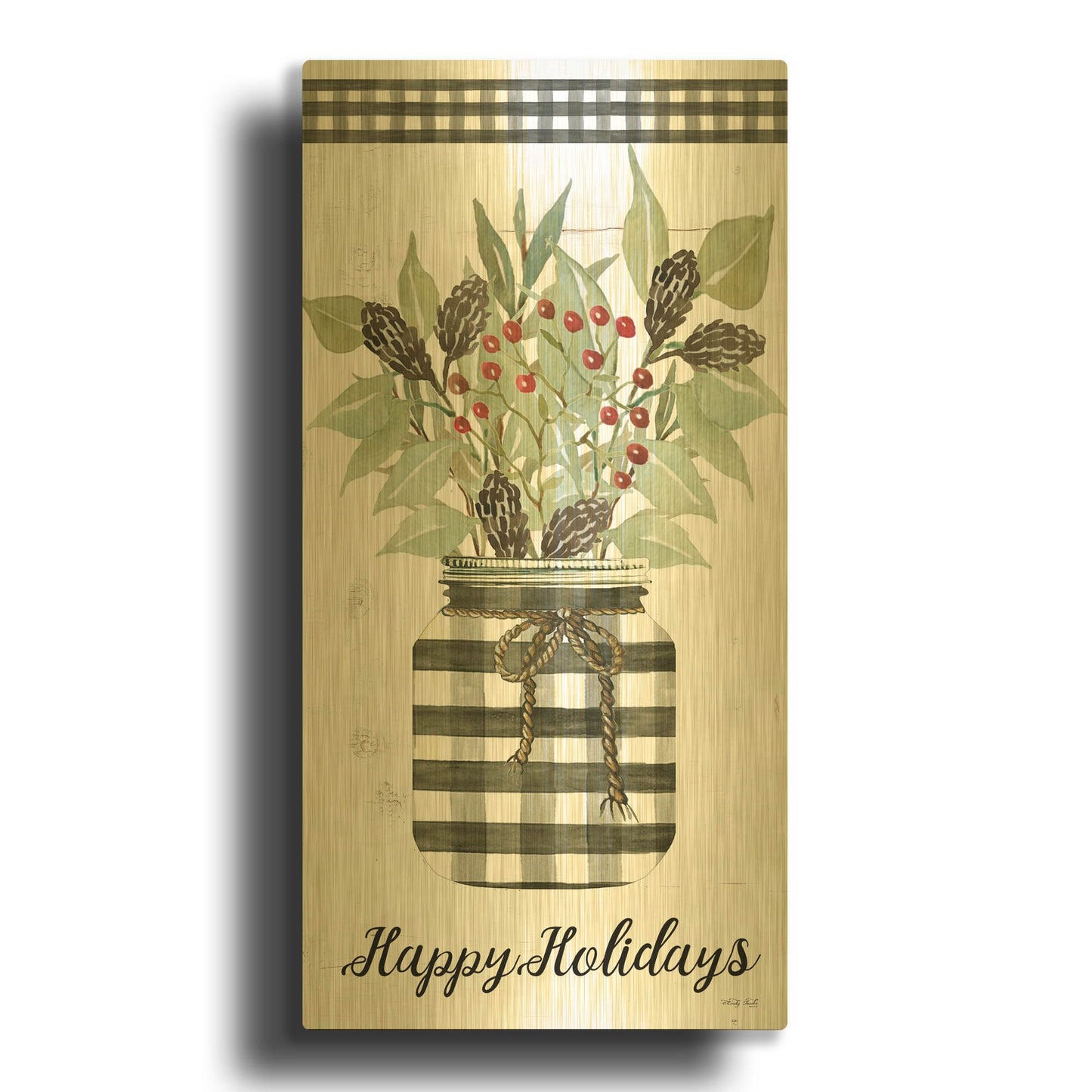 'Happy Holidays Gingham Jar' By Cindy Jacobs Gold Metal Wall Art