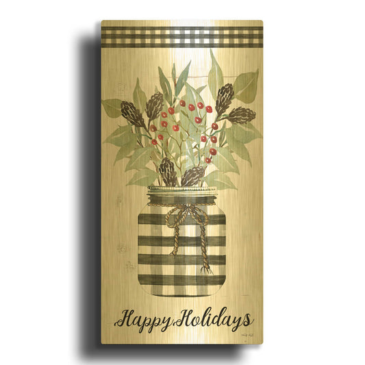'Happy Holidays Gingham Jar' By Cindy Jacobs Gold Metal Wall Art