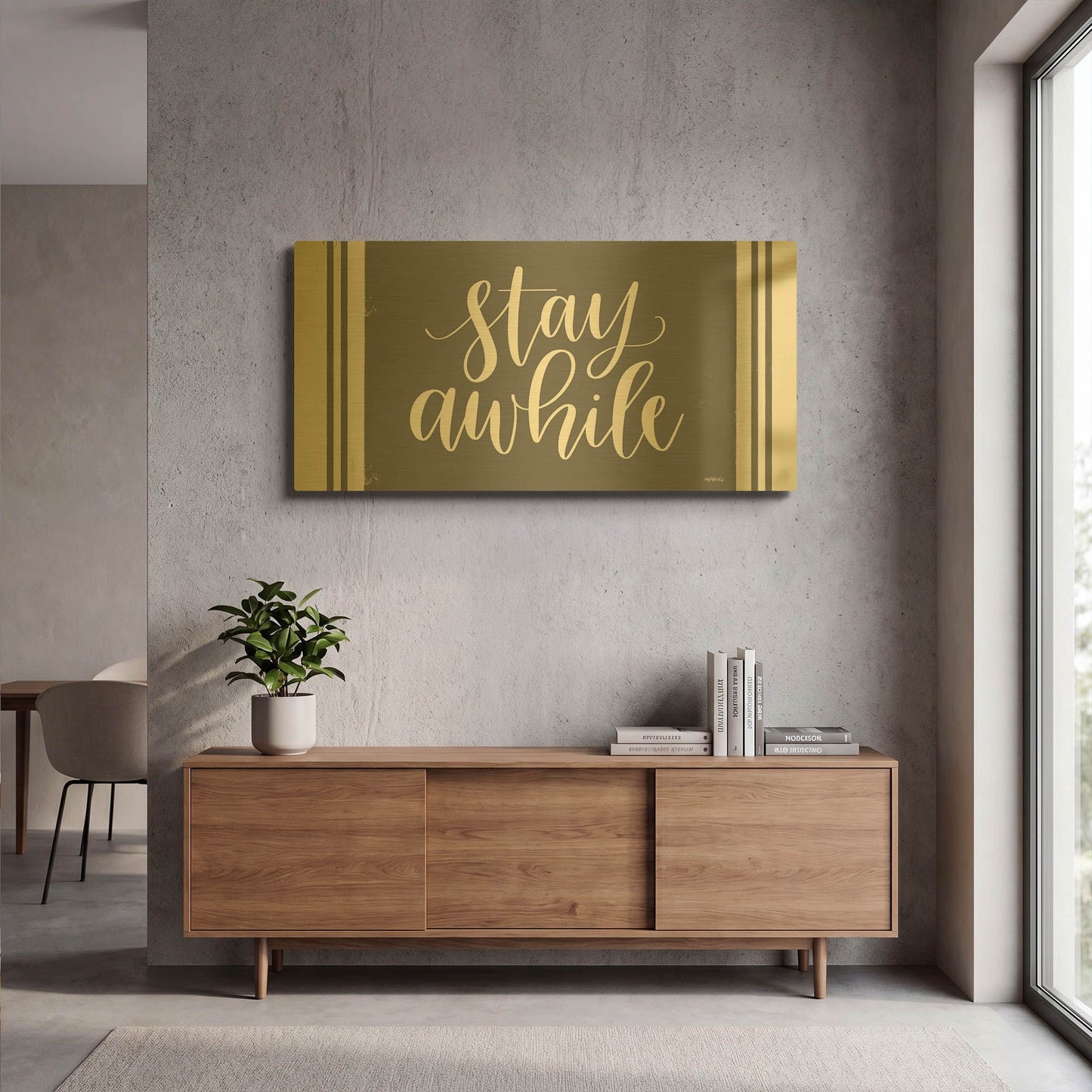 'Stay Awhile Calligraphy' By Imperfect Dust Gold Metal Wall Art
