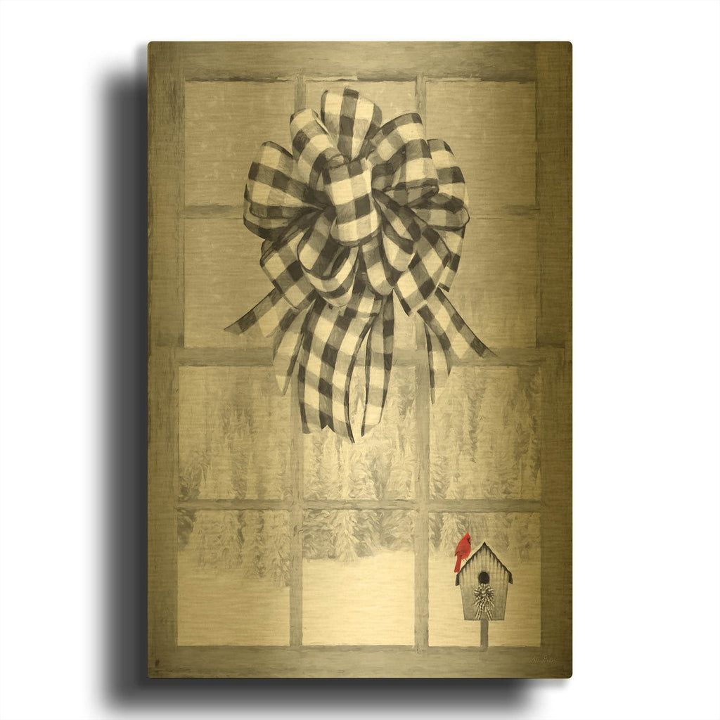 'Christmas Birdhouse with Bow' By Lori Deiter Gold Metal Wall Art