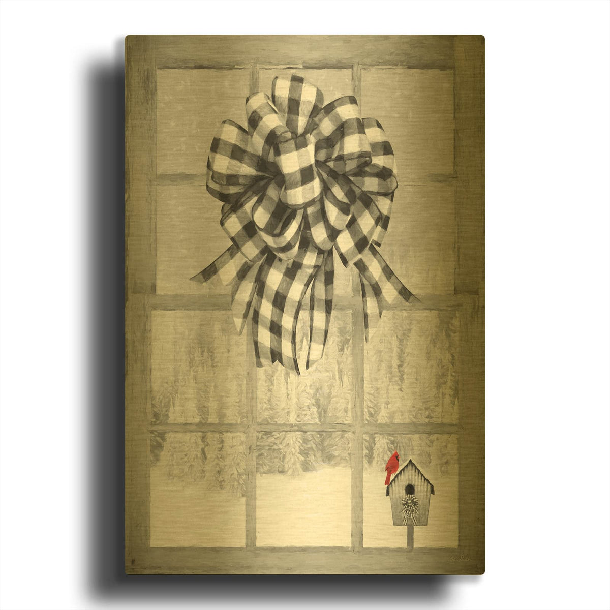 'Christmas Birdhouse with Bow' By Lori Deiter Gold Metal Wall Art
