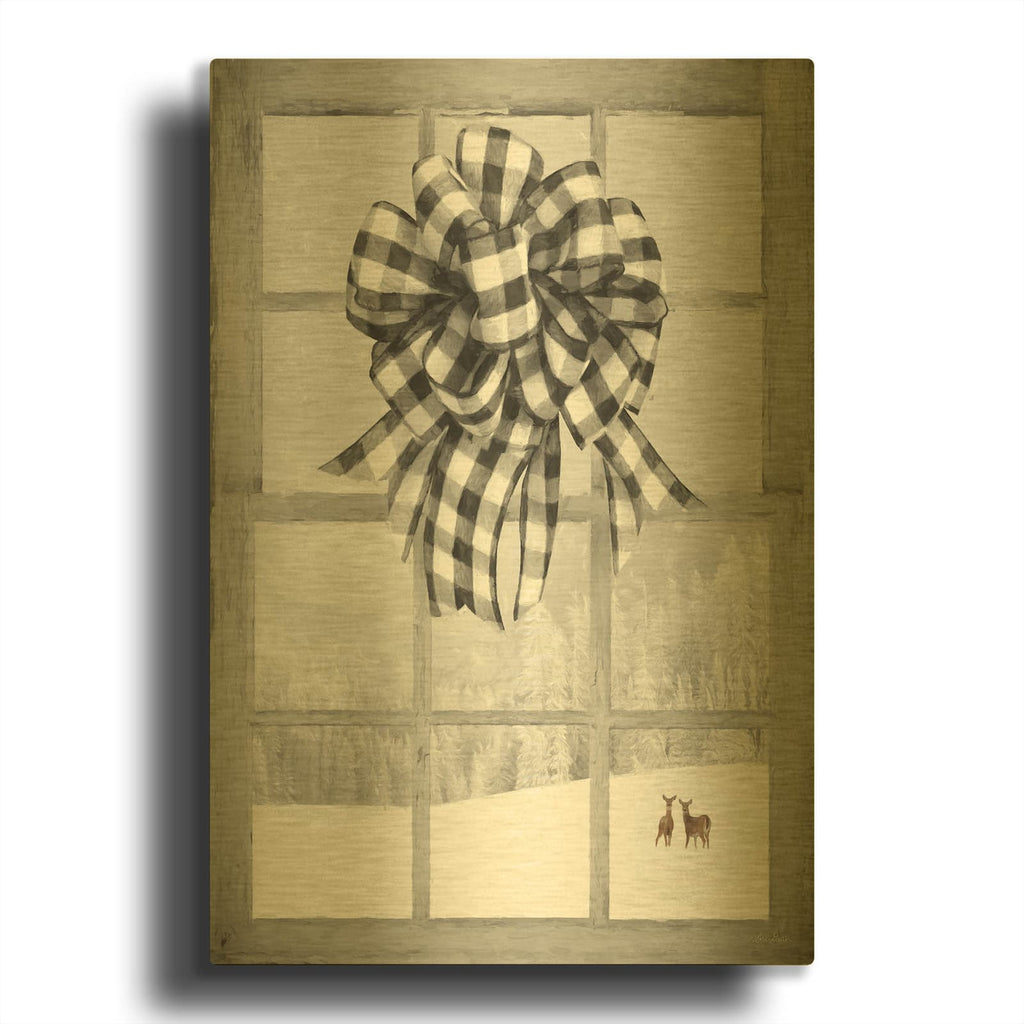 'Christmas Deer with Bow' By Lori Deiter Gold Metal Wall Art