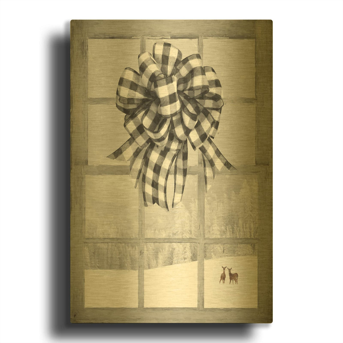 'Christmas Deer with Bow' By Lori Deiter Gold Metal Wall Art