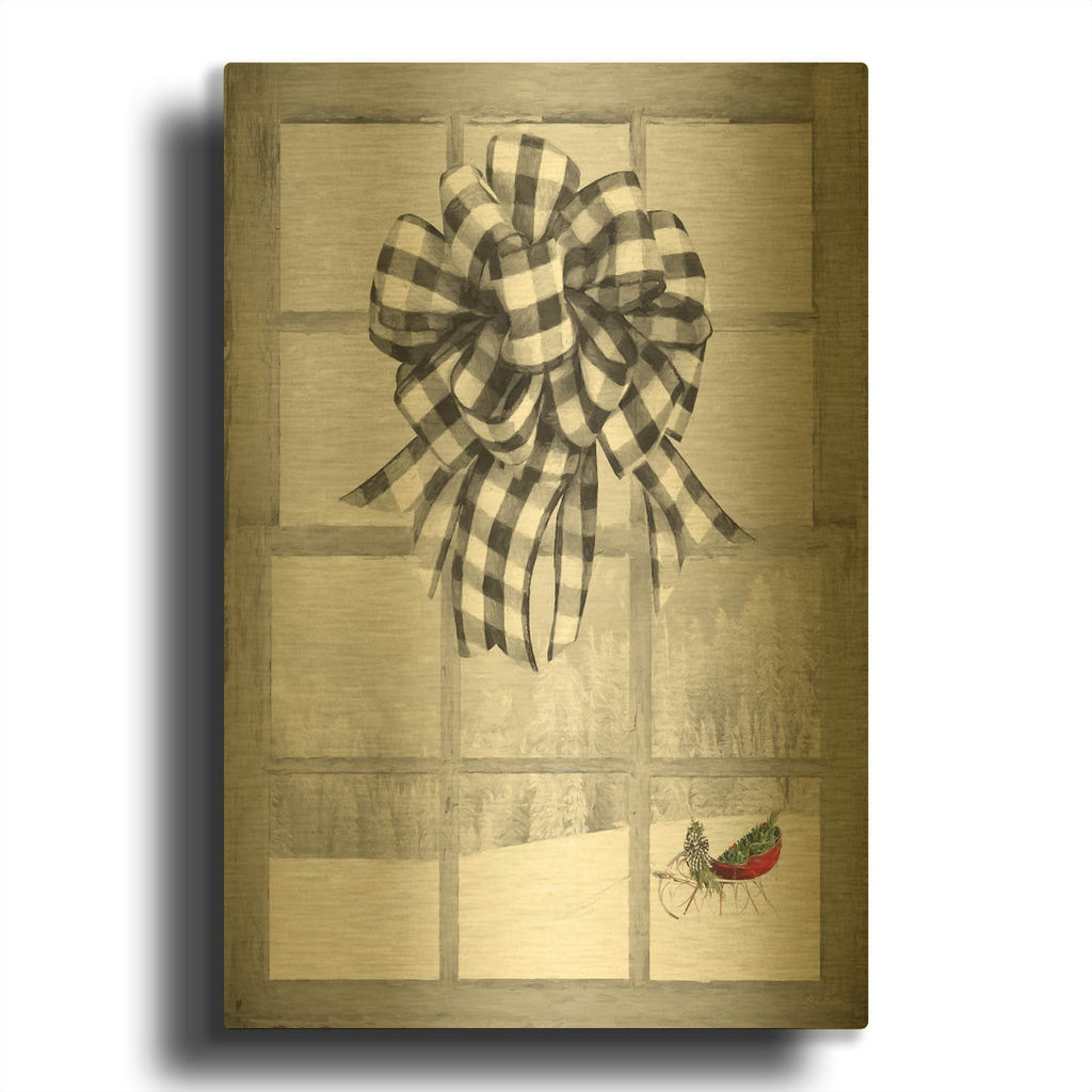'Christmas Sleigh with Bow' By Lori Deiter Gold Metal Wall Art