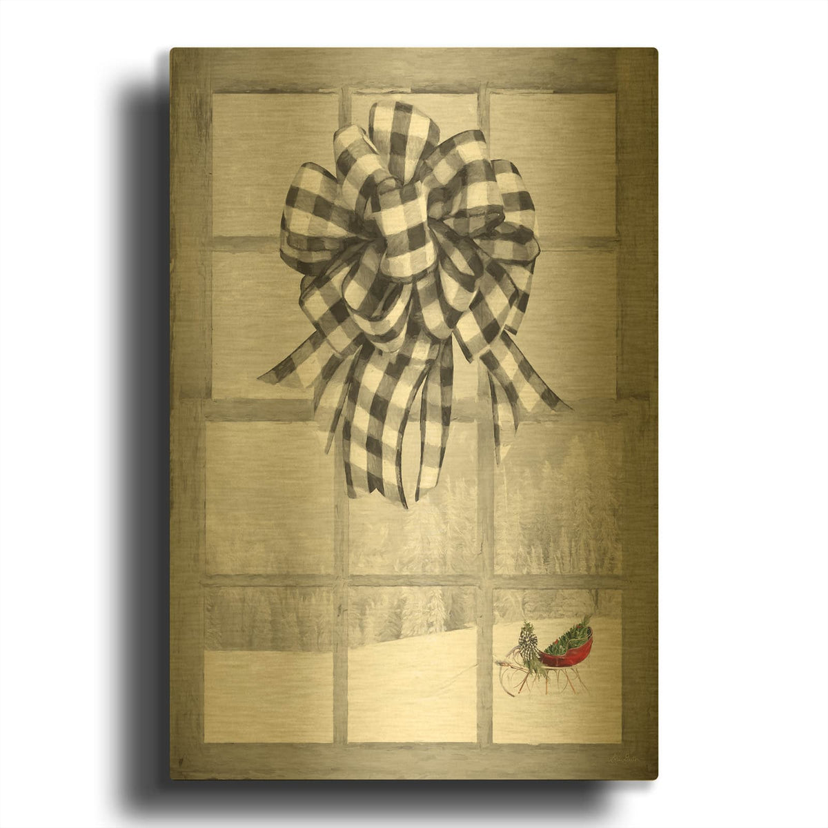 'Christmas Sleigh with Bow' By Lori Deiter Gold Metal Wall Art