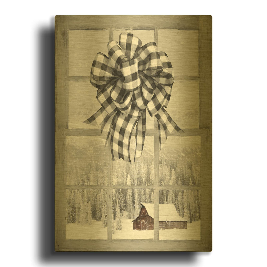 'Christmas Barn with Bow' By Lori Deiter Gold Metal Wall Art