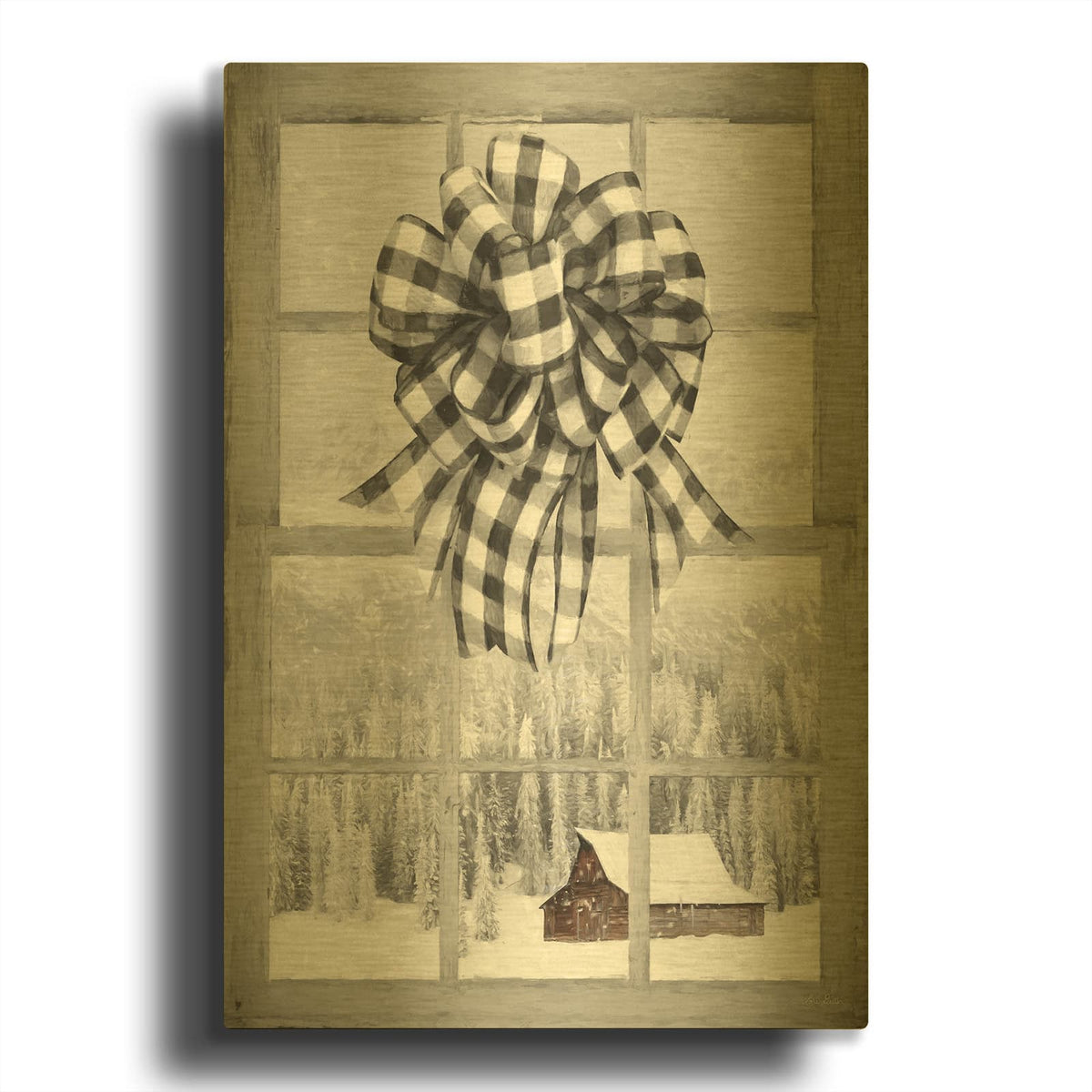 'Christmas Barn with Bow' By Lori Deiter Gold Metal Wall Art