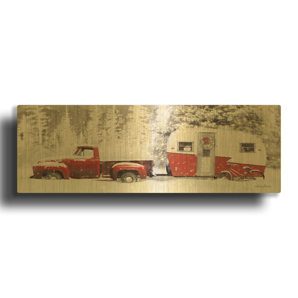 'Christmas Camper with Bike' By Lori Deiter Gold Metal Wall Art