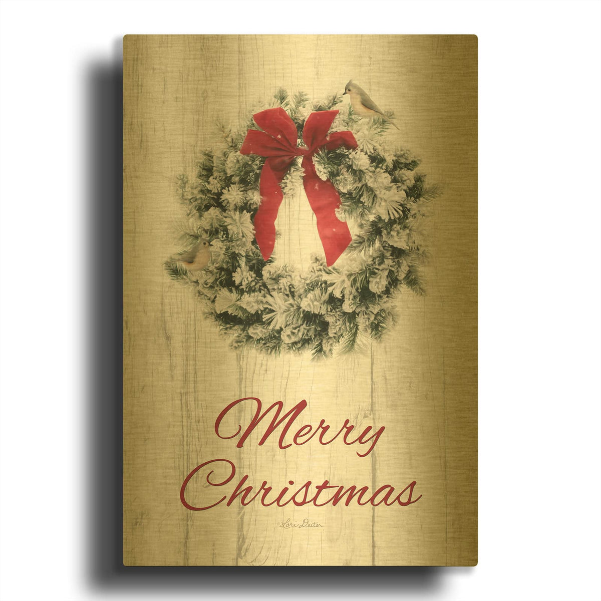 'Titmouse Merry Christmas Wreath' By Lori Deiter Gold Metal Wall Art