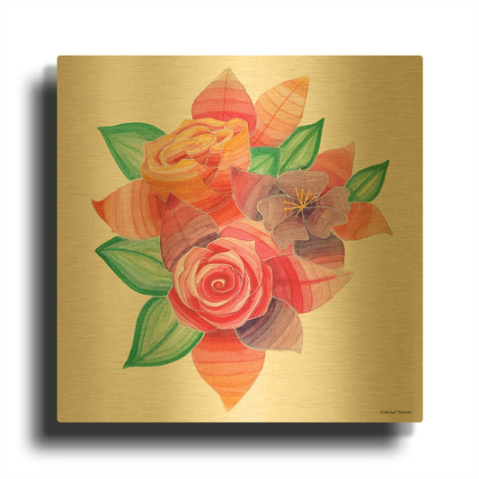 'Stiped Vibrant Florals' By Rachel Nieman Gold Metal Wall Art