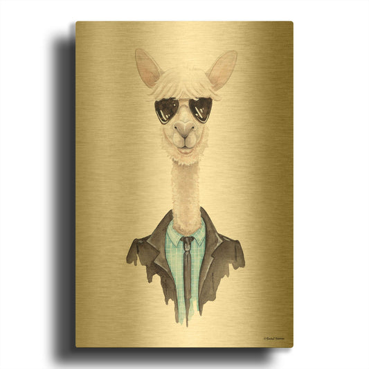 'Alpaca in Aviators' By Rachel Nieman Gold Metal Wall Art