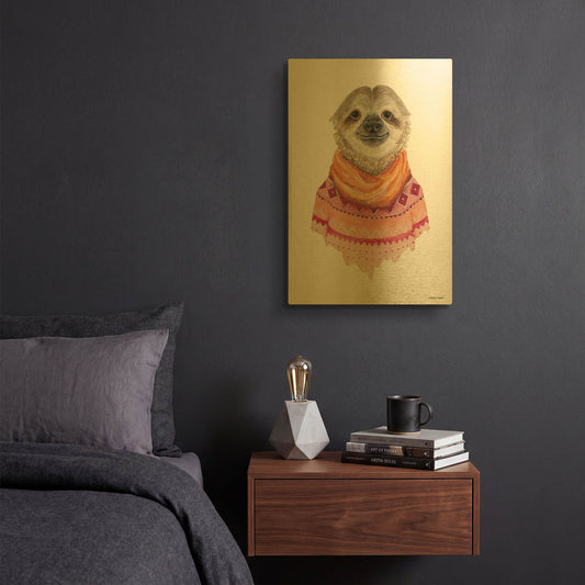 'Sloth in a Sweater' By Rachel Nieman Gold Metal Wall Art