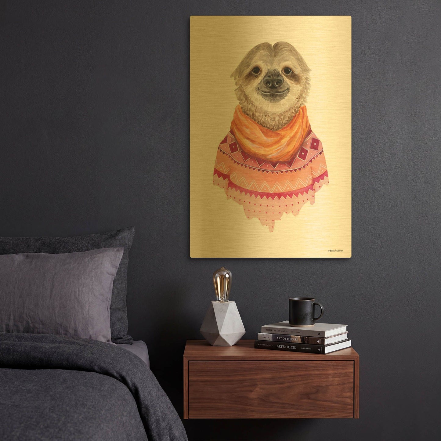 'Sloth in a Sweater' By Rachel Nieman Gold Metal Wall Art
