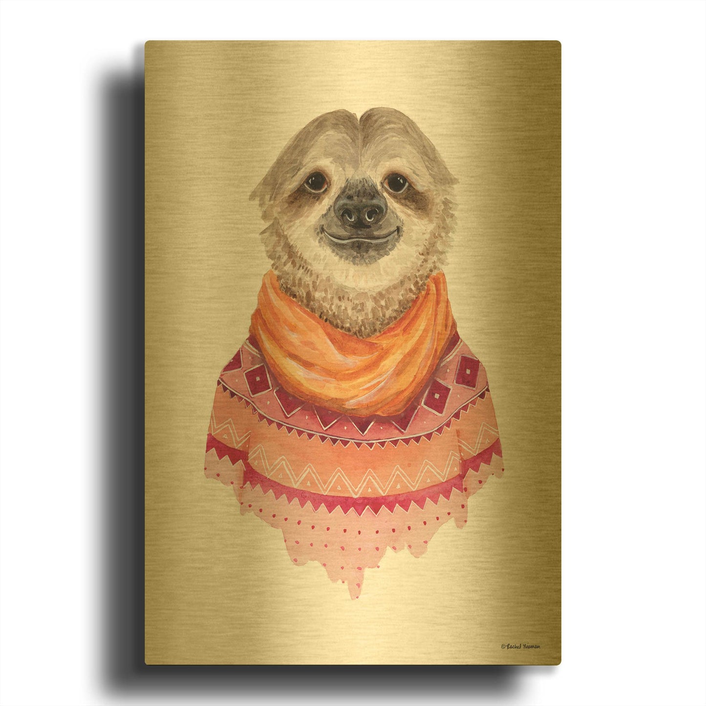 'Sloth in a Sweater' By Rachel Nieman Gold Metal Wall Art