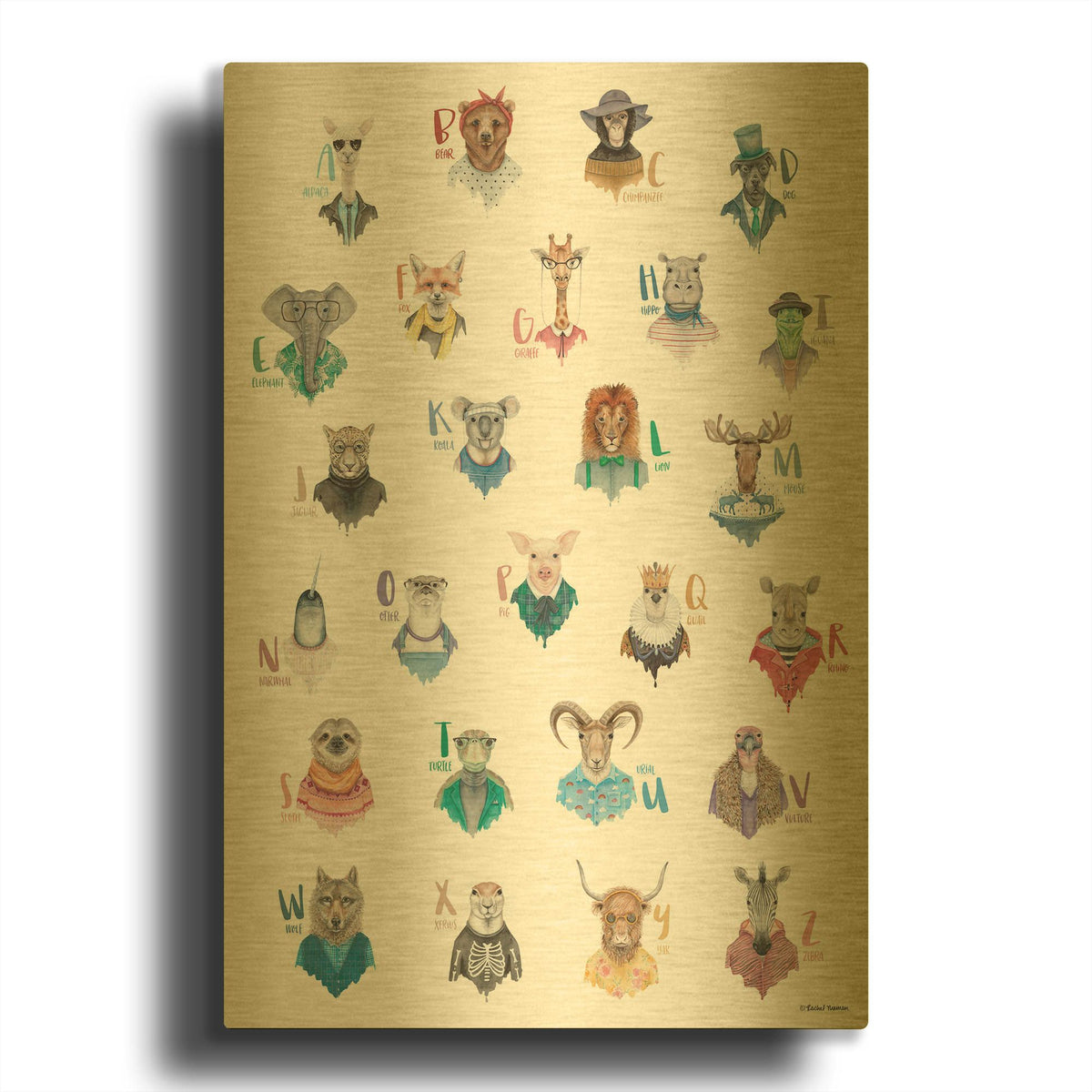 'Animal Alphabet Poster' By Rachel Nieman Gold Metal Wall Art