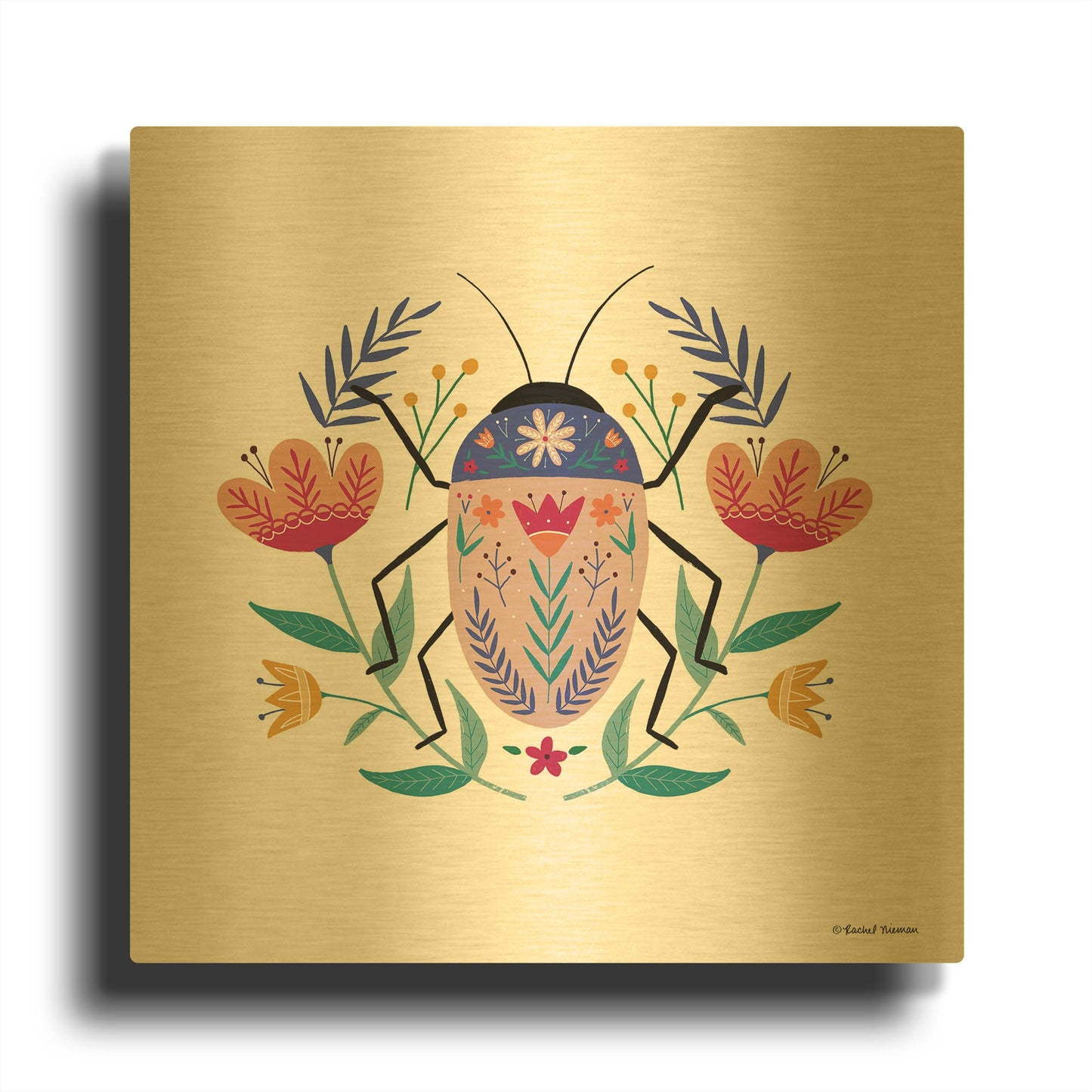 'Folk Art Beetle' By Rachel Nieman Gold Metal Wall Art