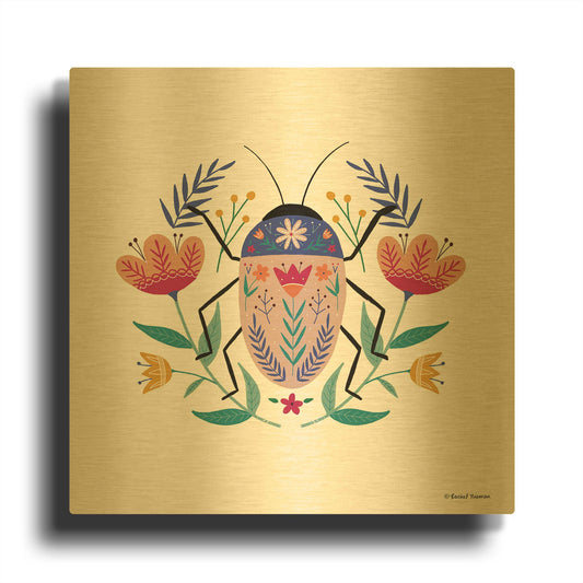 'Folk Art Beetle' By Rachel Nieman Gold Metal Wall Art