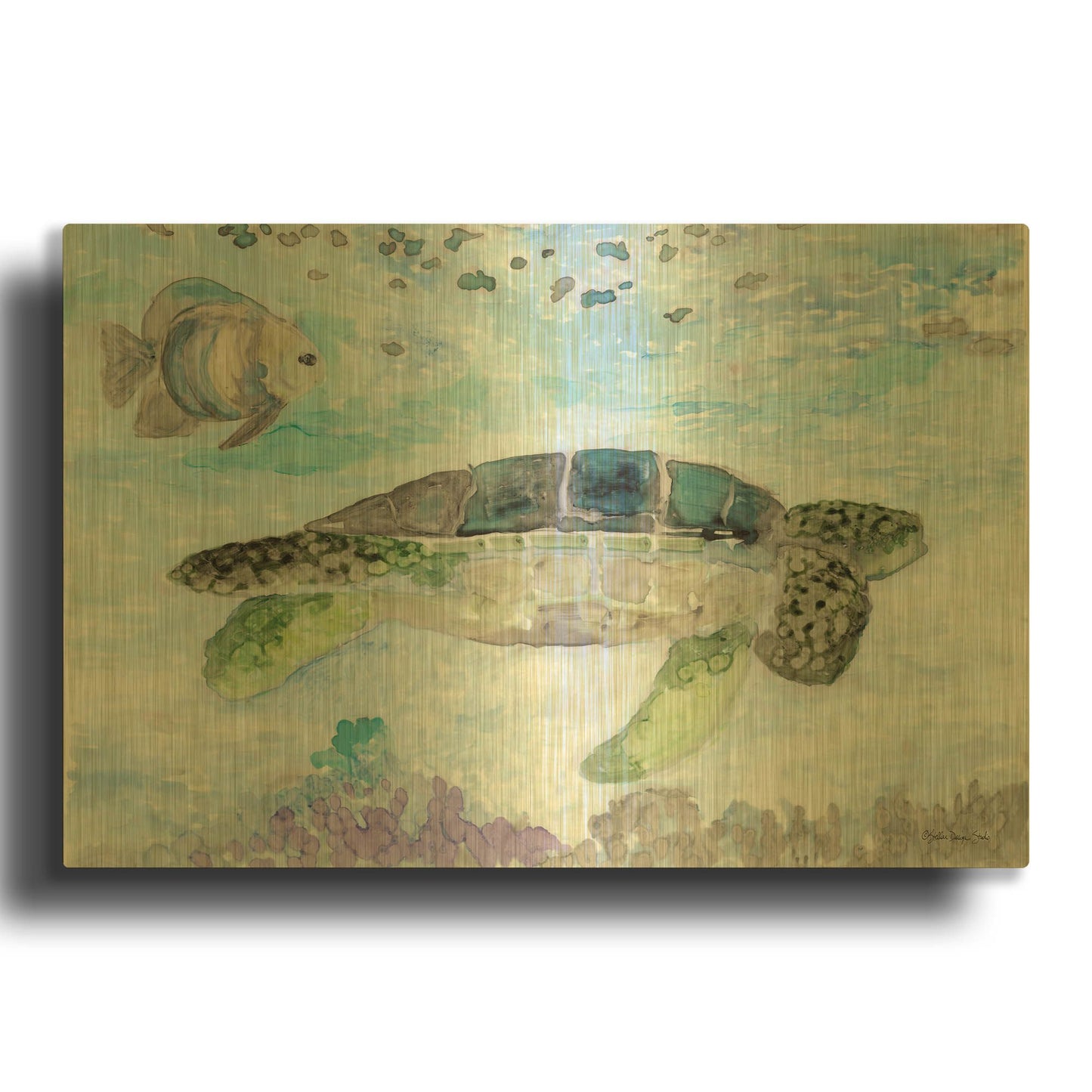 'Swimming Sea Turtle' By Stellar Design Studio Gold Metal Wall Art