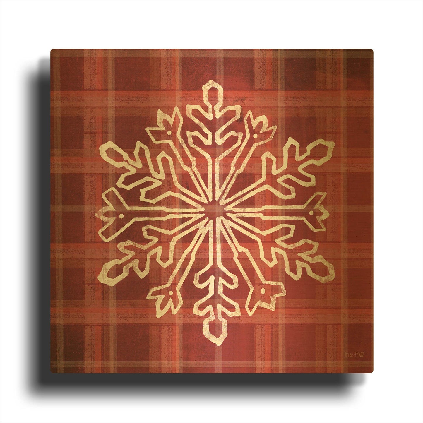'Red Plaid Snowflakes' By House Fenway Gold Metal Wall Art