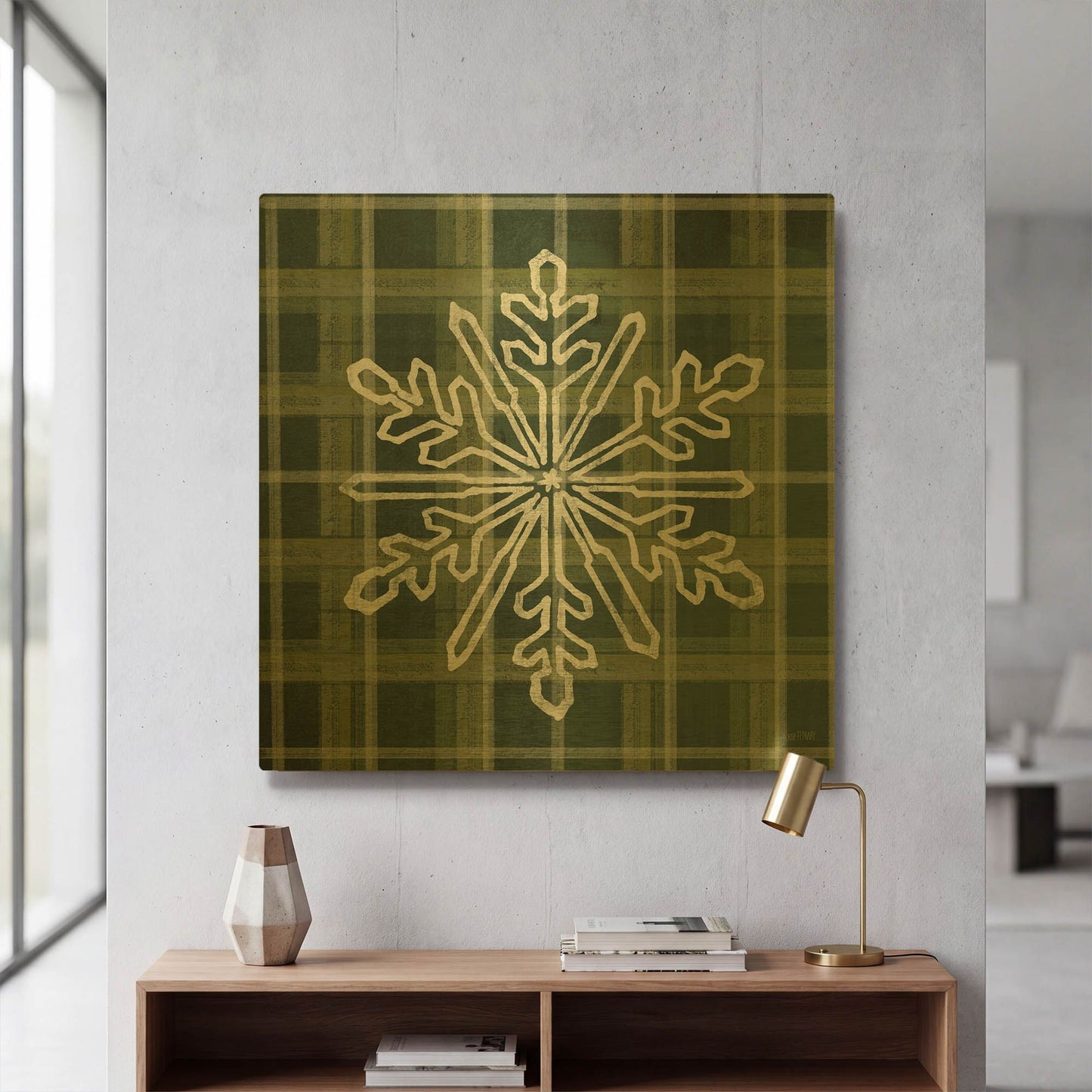 'Green Plaid Snowflakes' By House Fenway Gold Metal Wall Art