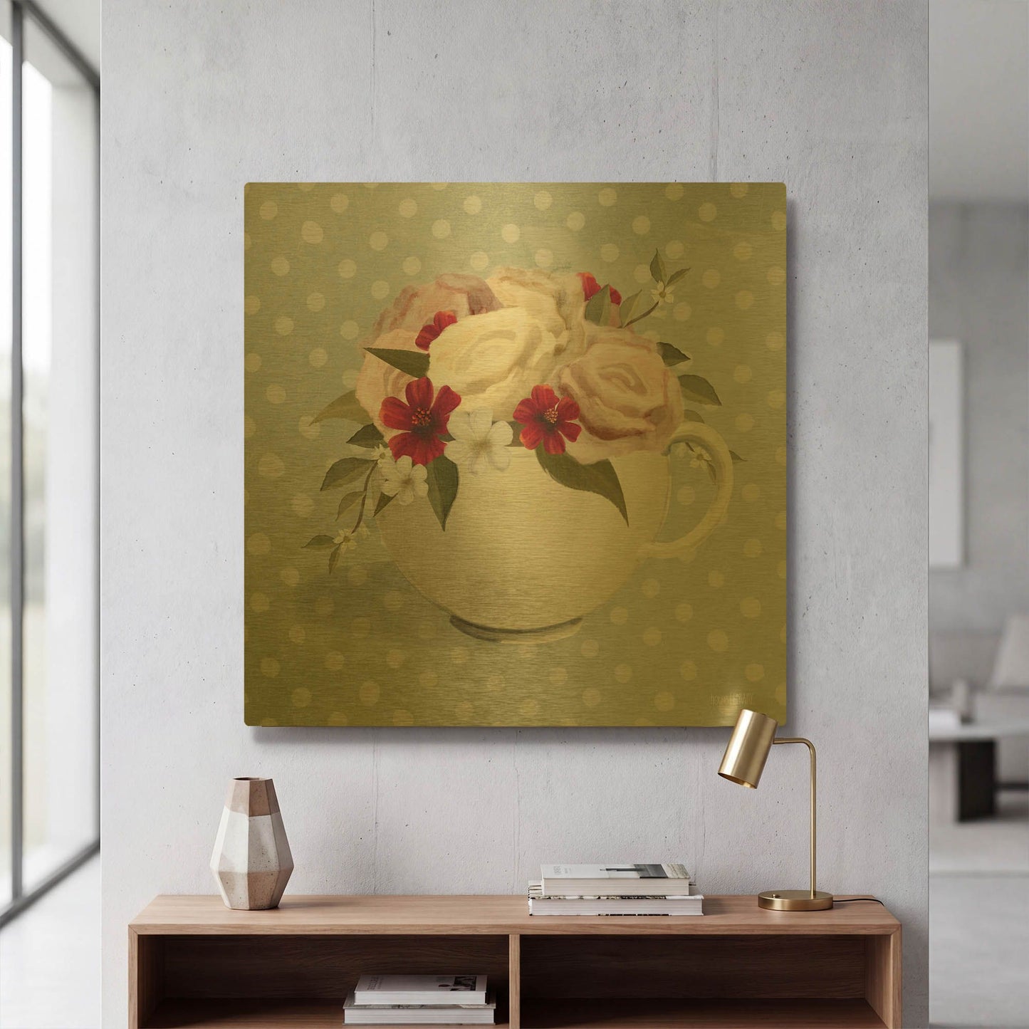 'Polka Dot Coffee-Tea Rose' By House Fenway Gold Metal Wall Art