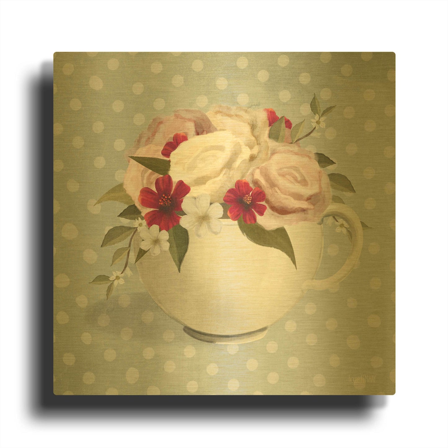 'Polka Dot Coffee-Tea Rose' By House Fenway Gold Metal Wall Art
