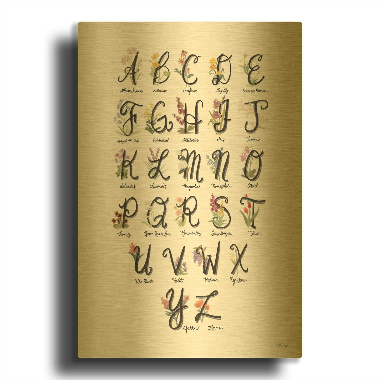 'Flower Alphabet in White' By House Fenway Gold Metal Wall Art