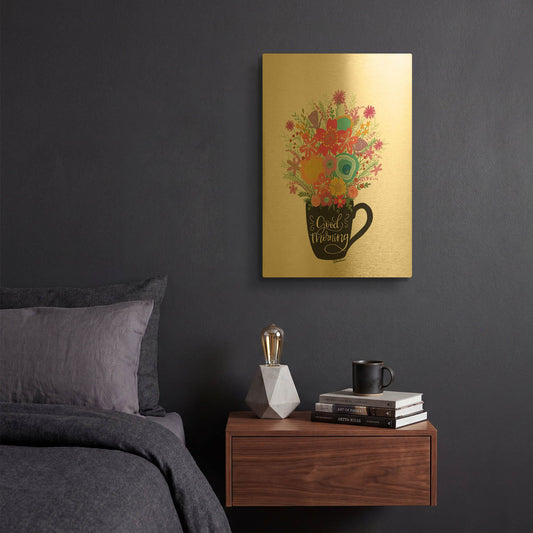 'Good Morning Coffee Floral' By Lisa Larson Gold Metal Wall Art