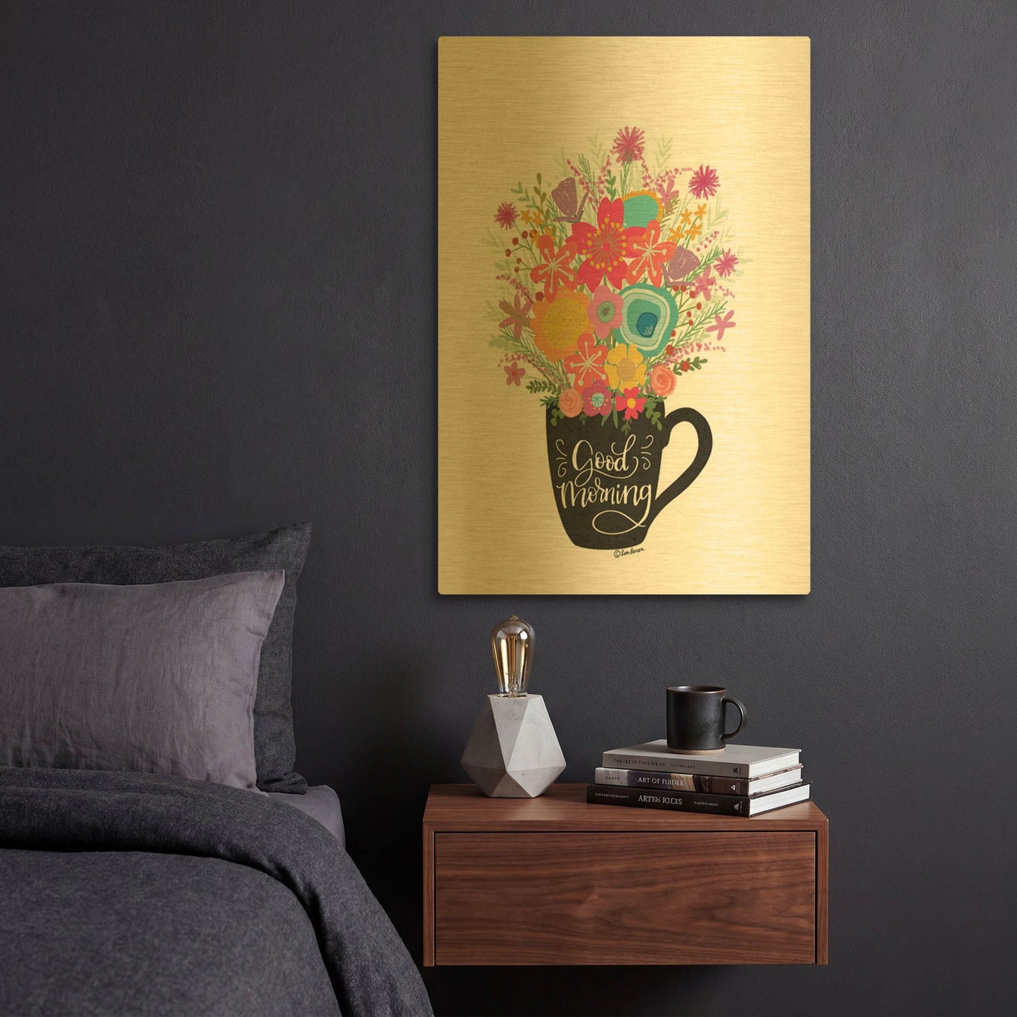 'Good Morning Coffee Floral' By Lisa Larson Gold Metal Wall Art