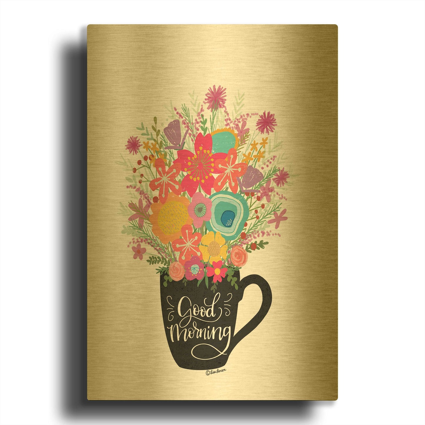 'Good Morning Coffee Floral' By Lisa Larson Gold Metal Wall Art
