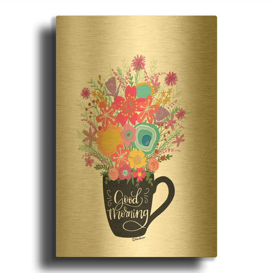 'Good Morning Coffee Floral' By Lisa Larson Gold Metal Wall Art