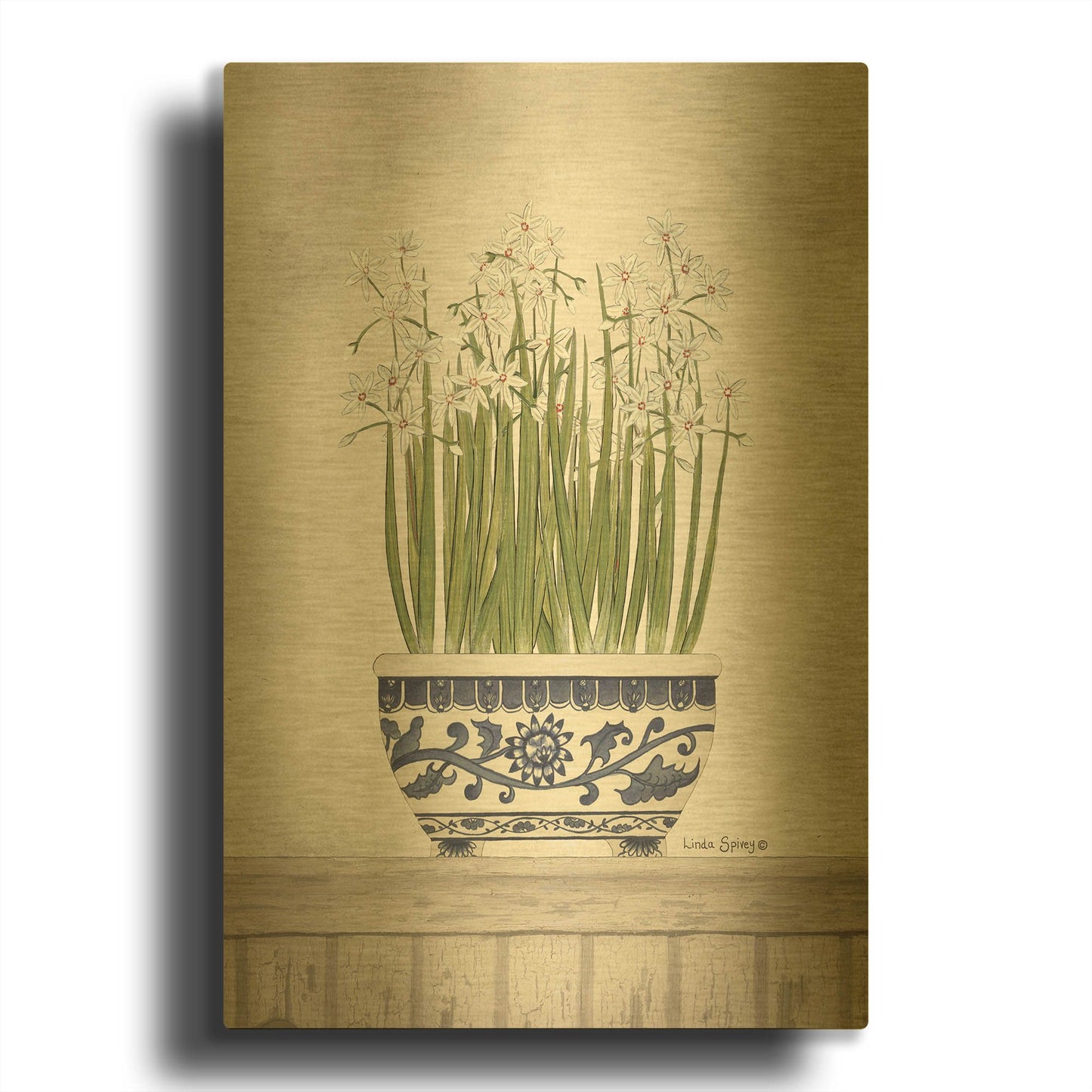 'Blue and White Paperwhites II' By Linda Spivey Gold Metal Wall Art