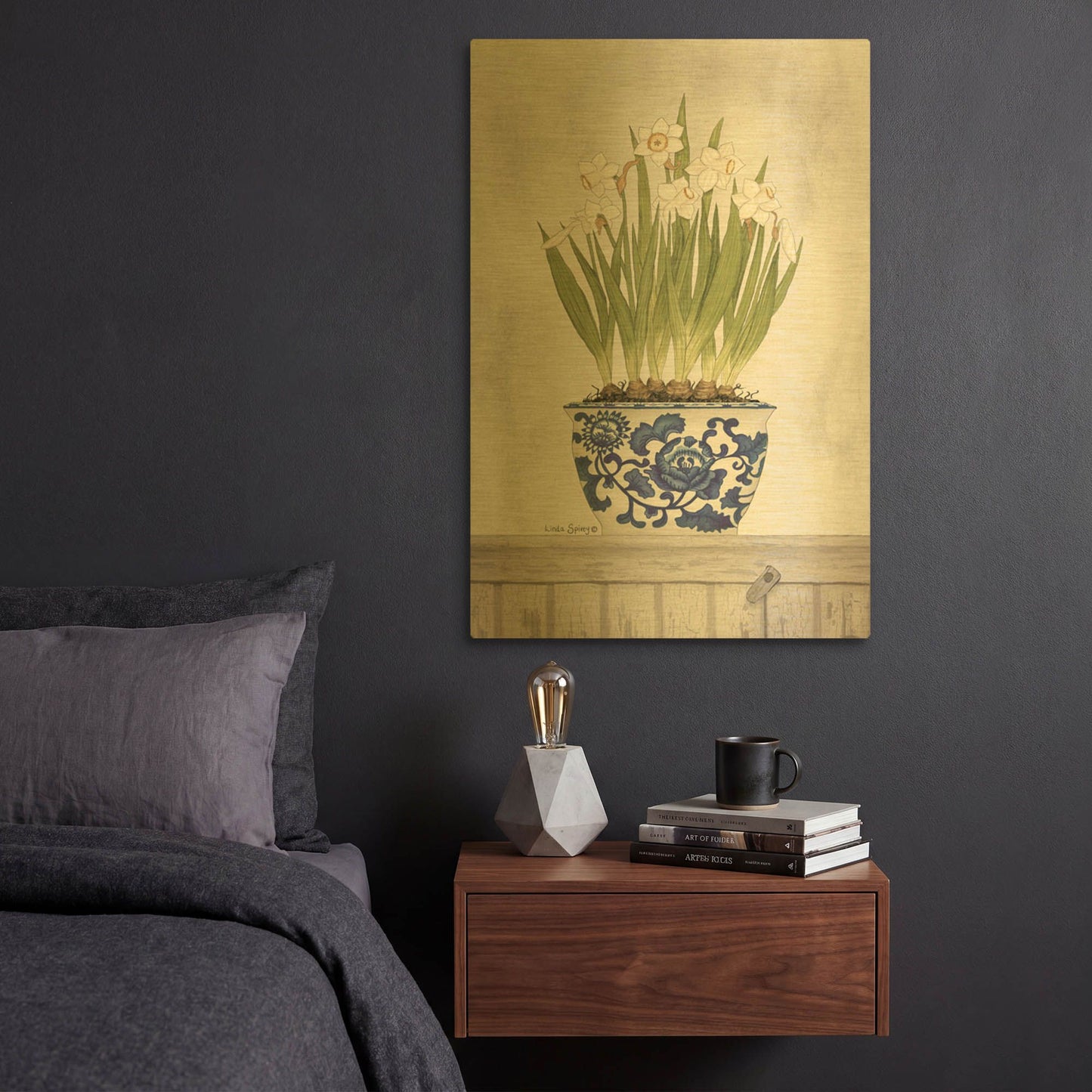 'Blue and White Daffodils II' By Linda Spivey Gold Metal Wall Art