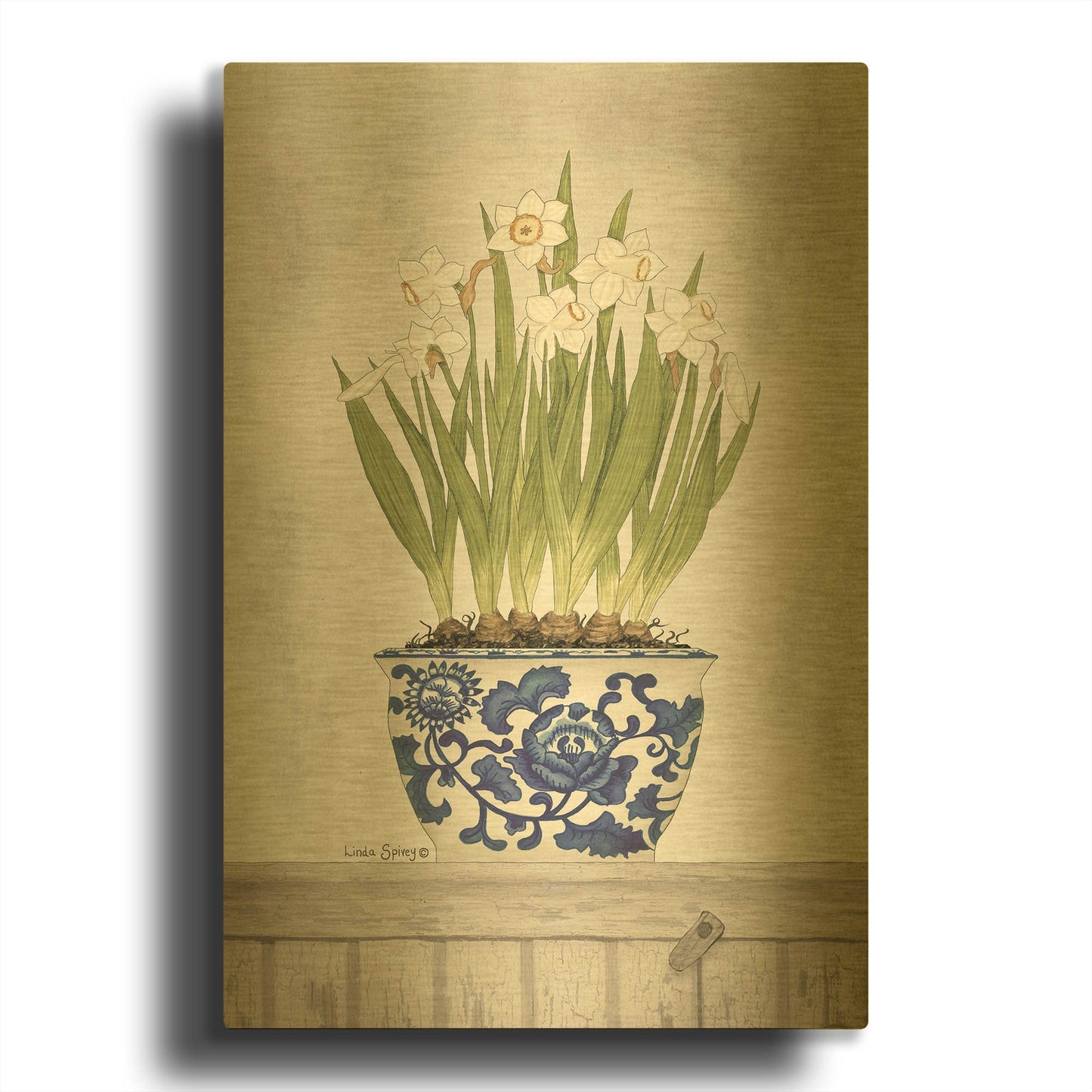 'Blue and White Daffodils II' By Linda Spivey Gold Metal Wall Art