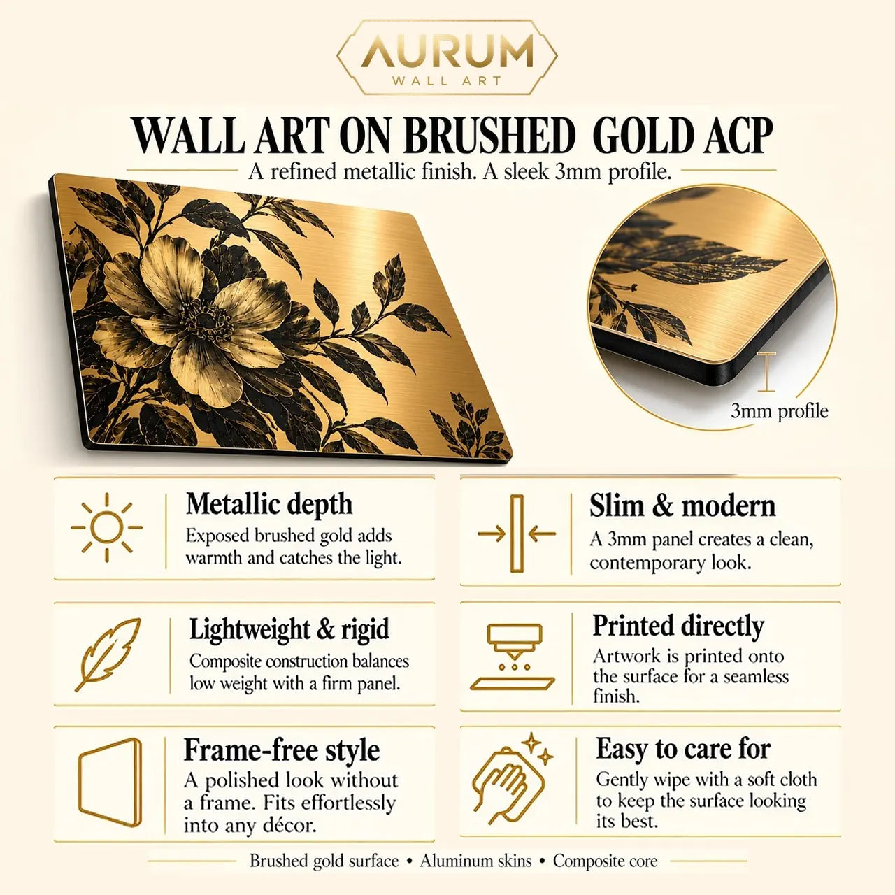 Aurum wall art on brushed gold ACP: 3mm panel, frame-free, printed directly